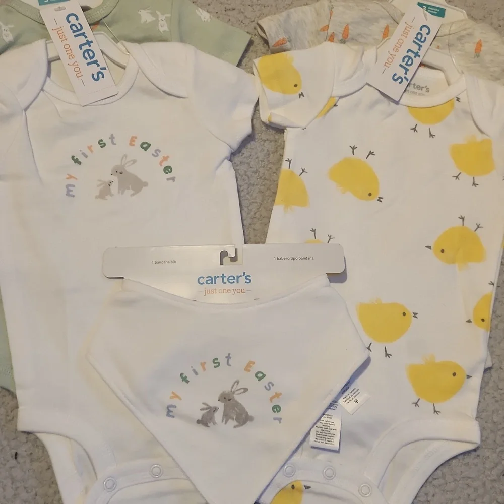 Brand New, Infant Baby First Easter Clothes, Onesies and Bib Set